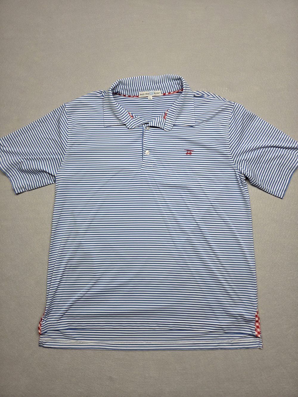 Bald Head Blues Mens L Blue & White Striped Polo with Red Accent